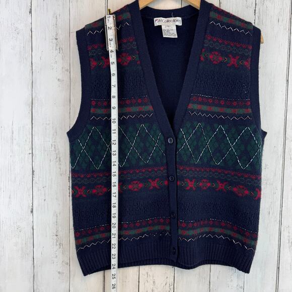 VTG JH Collectibles Blue Wool Fair Isle Beaded Button-Up Sweater Vest Size Large - Picture 12 of 13